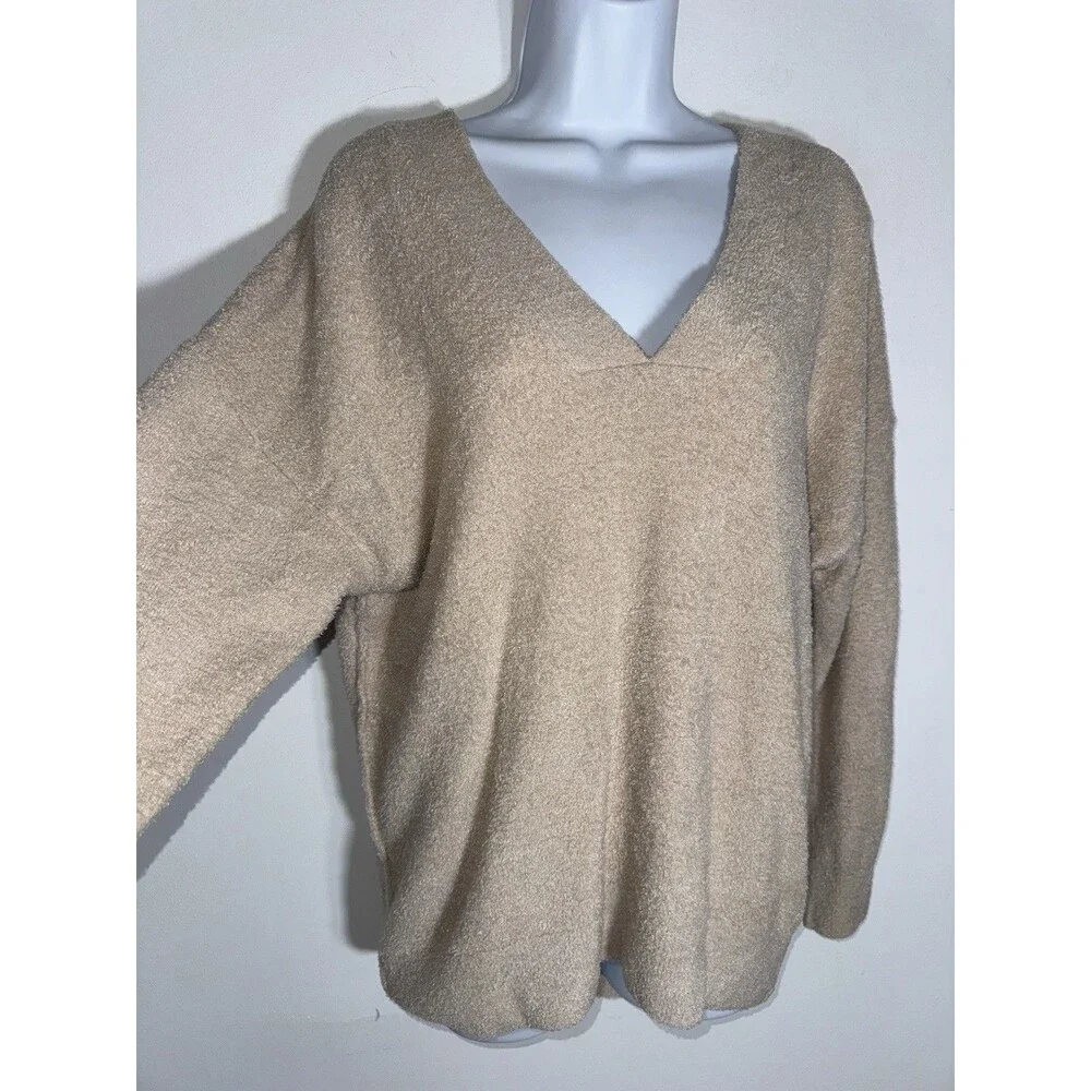 Barefoot Dreams CozyChic Lite V-Neck Seamed Pullover Beige Women Small
